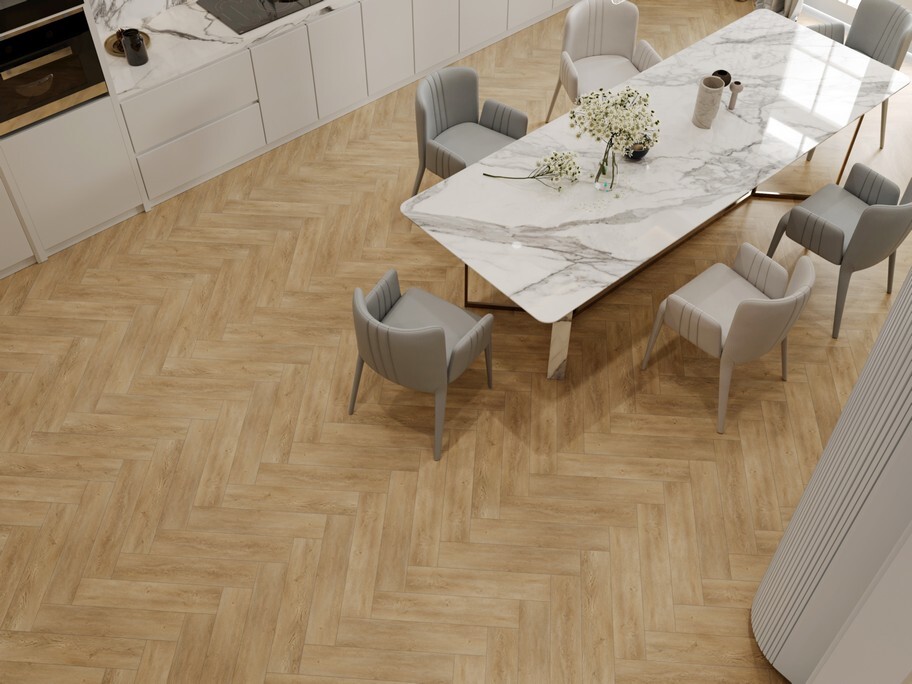 Кварцвиниловый SPC ламинат Evofloor Parguet Click Oak Sand Дуб Песочный HP 0090 венгерская елка 600×125×4 фото в интерьере