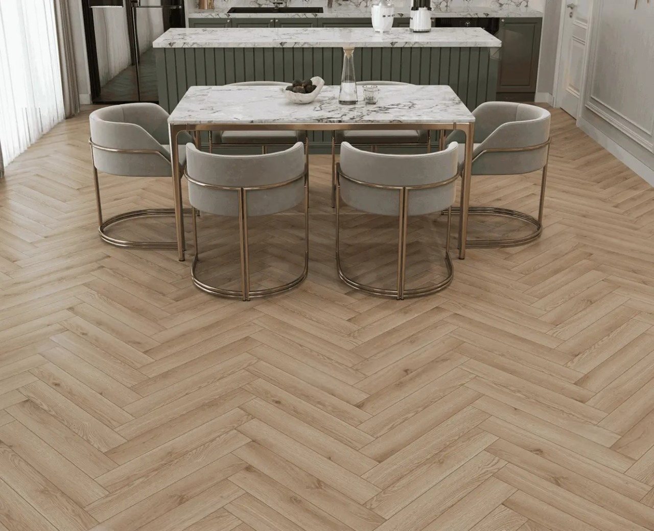Ламинат Alpine Floor Herringbone 8 PRO Дуб Артуа LF102-12 венгерская елка 606×101×8 фото в интерьере