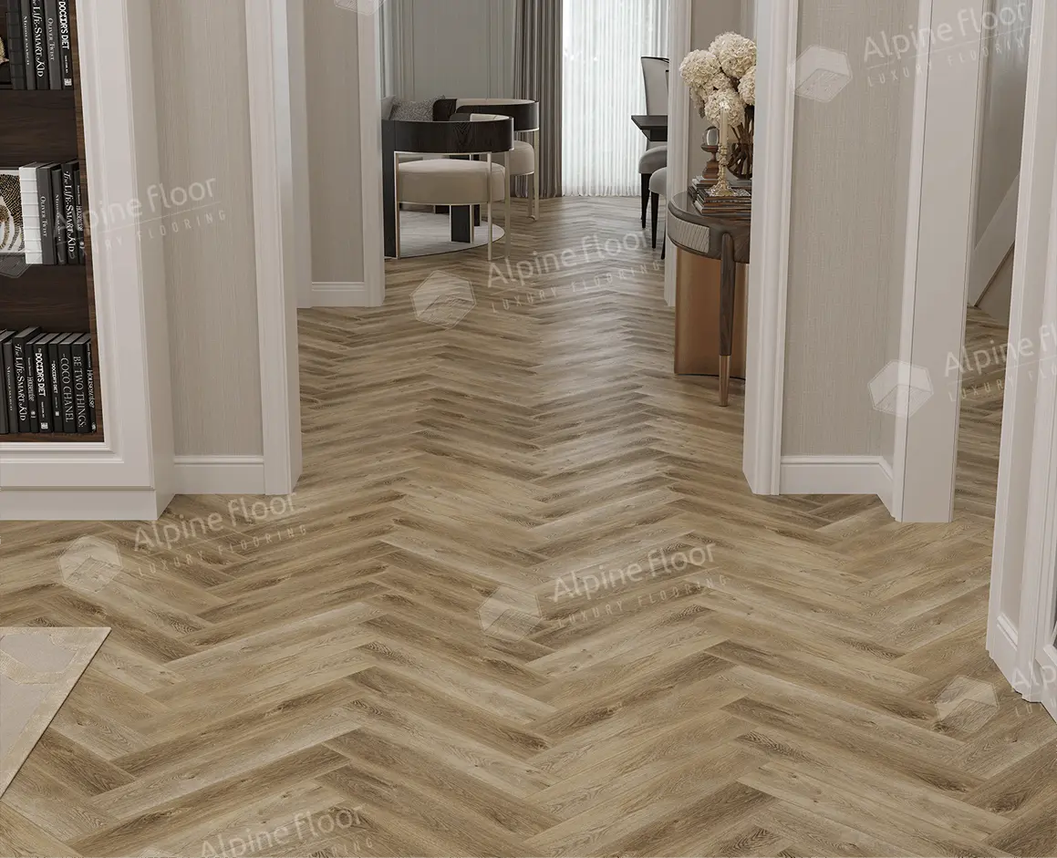Кварцвиниловая плитка Alpine Floor клеевая Parquet LVT Дуб Целата ЕCО 16-35 венгерская елка 590×118×2,5 фото в интерьере