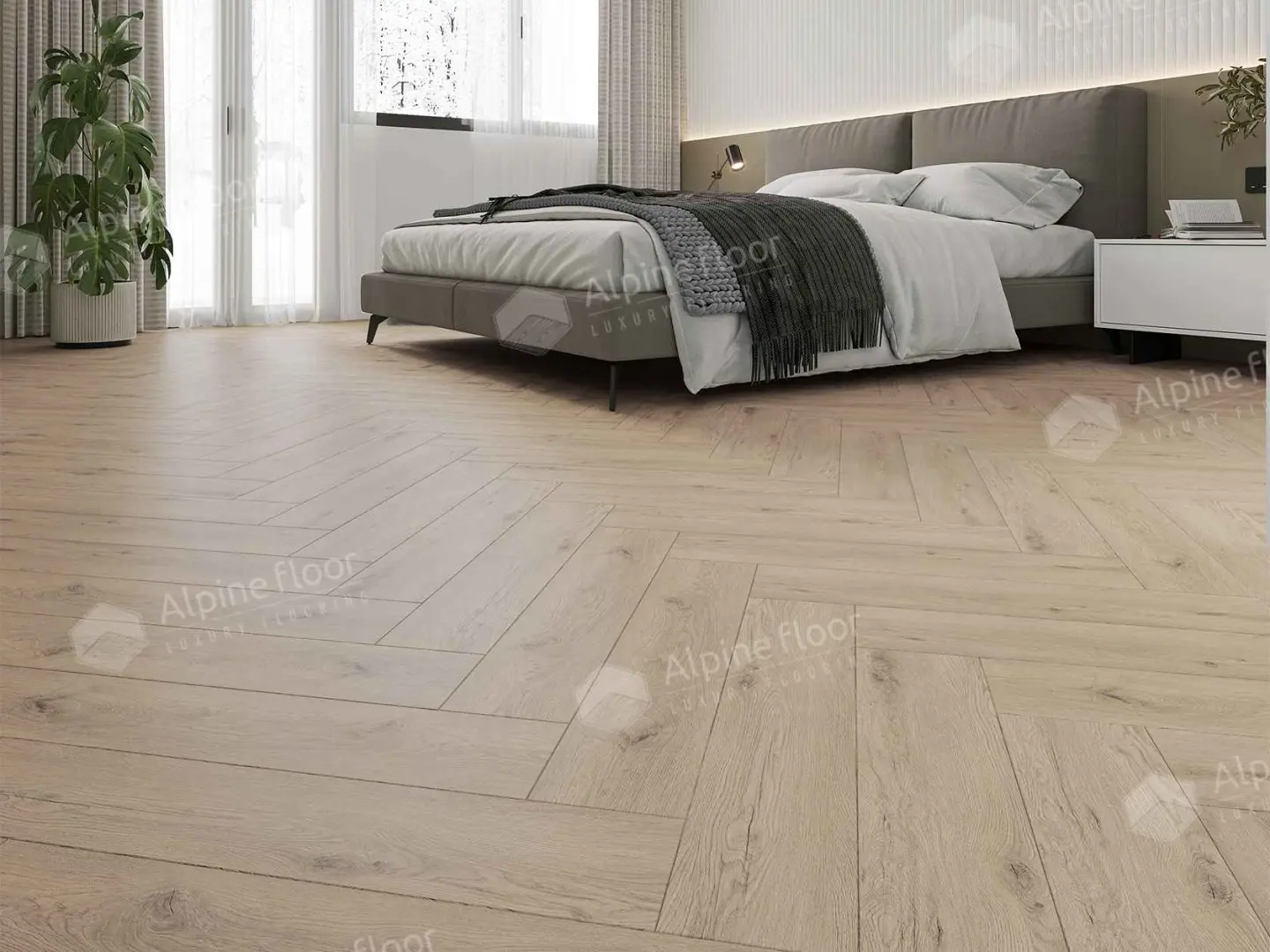 Кварцвиниловая плитка Alpine Floor клеевая Parquet LVT Дуб Алиот ЕCО 16-23 венгерская елка 590×118×2,5 фото в интерьере