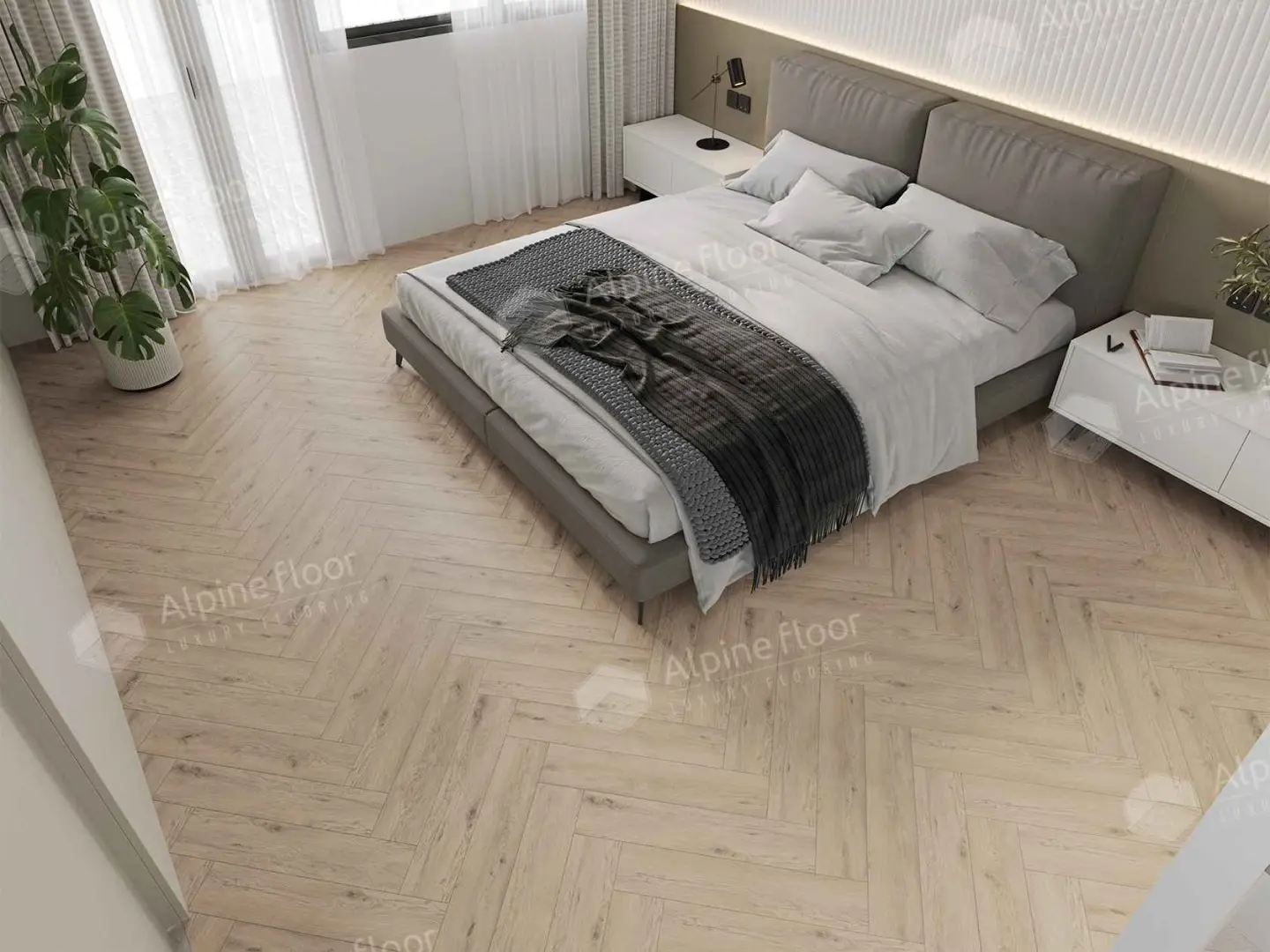 Кварцвиниловая плитка Alpine Floor клеевая Parquet LVT Дуб Алиот ЕCО 16-23 венгерская елка 590×118×2,5 фото в интерьере