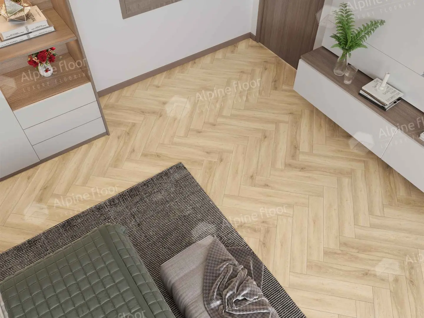 Кварцвиниловая плитка Alpine Floor клеевая Parquet LVT Дуб Ригель ЕCО 16-24 венгерская елка 590×118×2,5 фото в интерьере