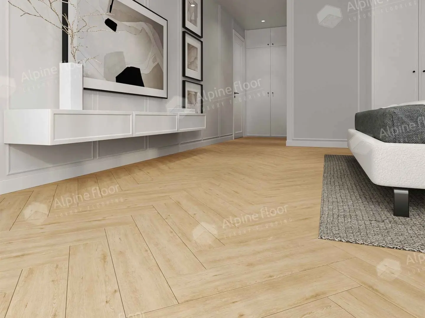 Кварцвиниловая плитка Alpine Floor клеевая Parquet LVT Дуб Лесат ЕCО 16-26 венгерская елка 590×118×2,5 фото в интерьере
