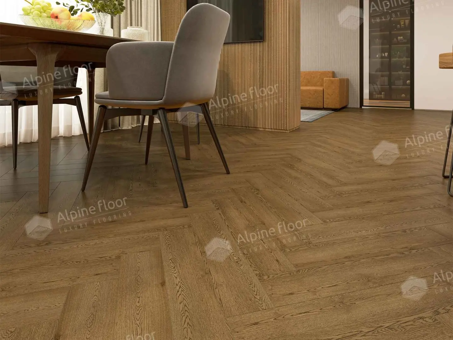 Кварцвиниловая плитка Alpine Floor клеевая Parquet LVT Дуб Селена ЕCО 16-32 венгерская елка 590×118×2,5 фото в интерьере