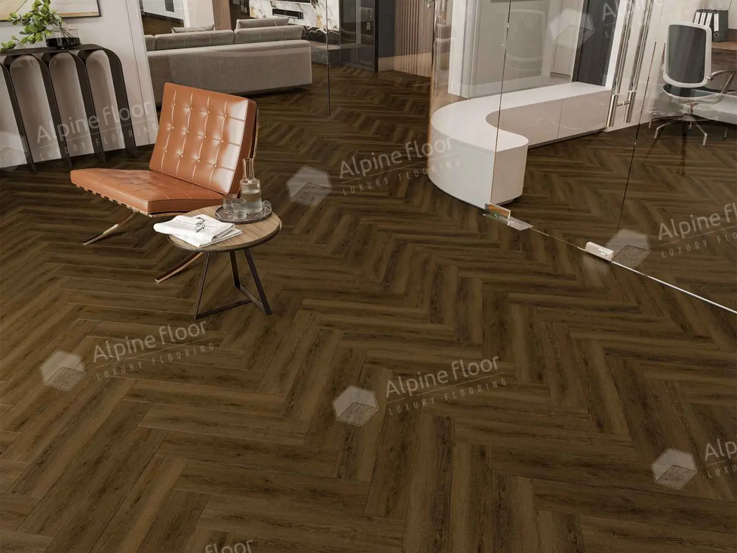 Кварцвиниловая плитка Alpine Floor клеевая Parquet LVT Дуб Далим ЕCО 16-33 венгерская елка 590×118×2,5 фото в интерьере