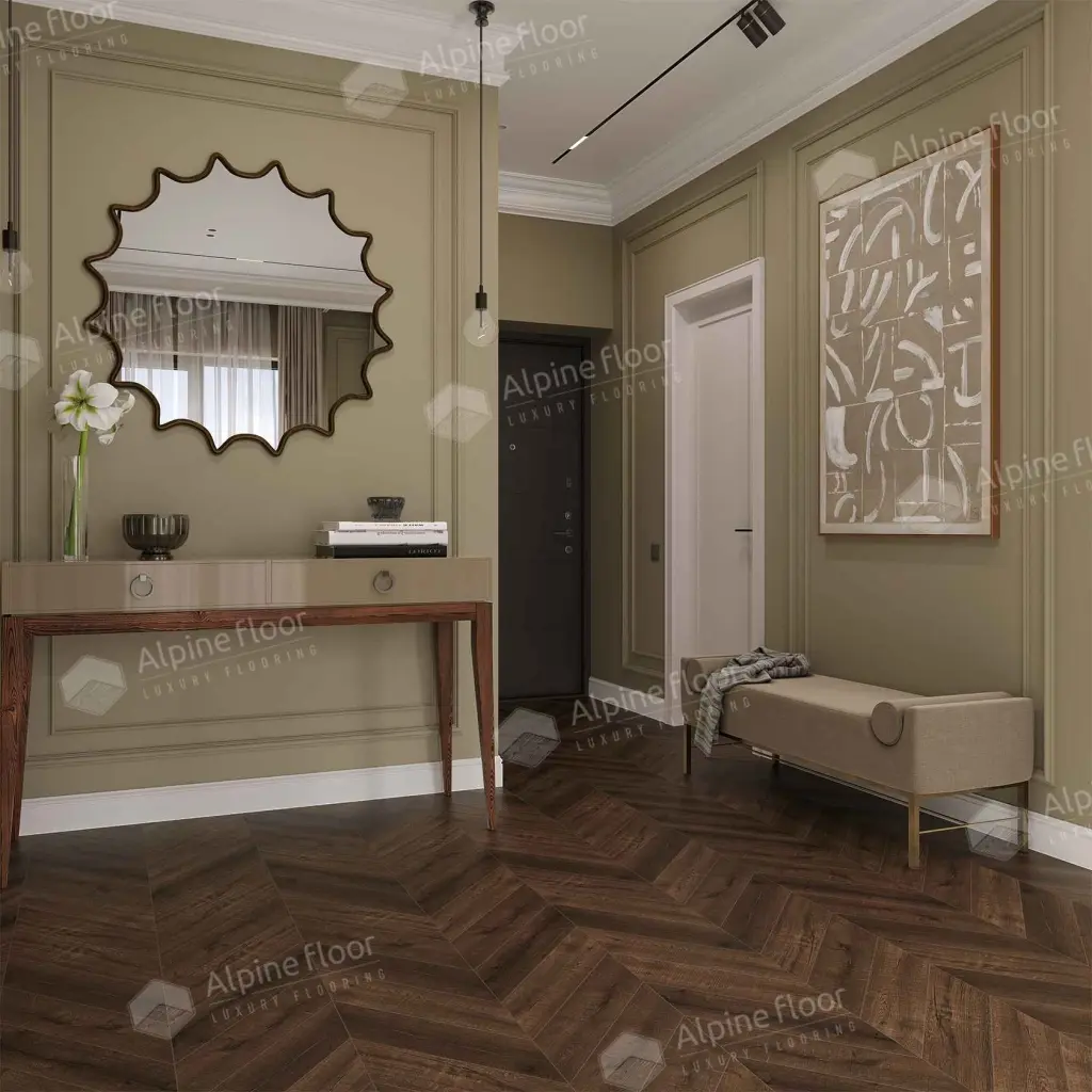 Кварцвиниловый SPC ламинат Alpine Floor Chevron Alpine Дуб Мокка ECO 18-12 французская елка 600×127×5 фото в интерьере