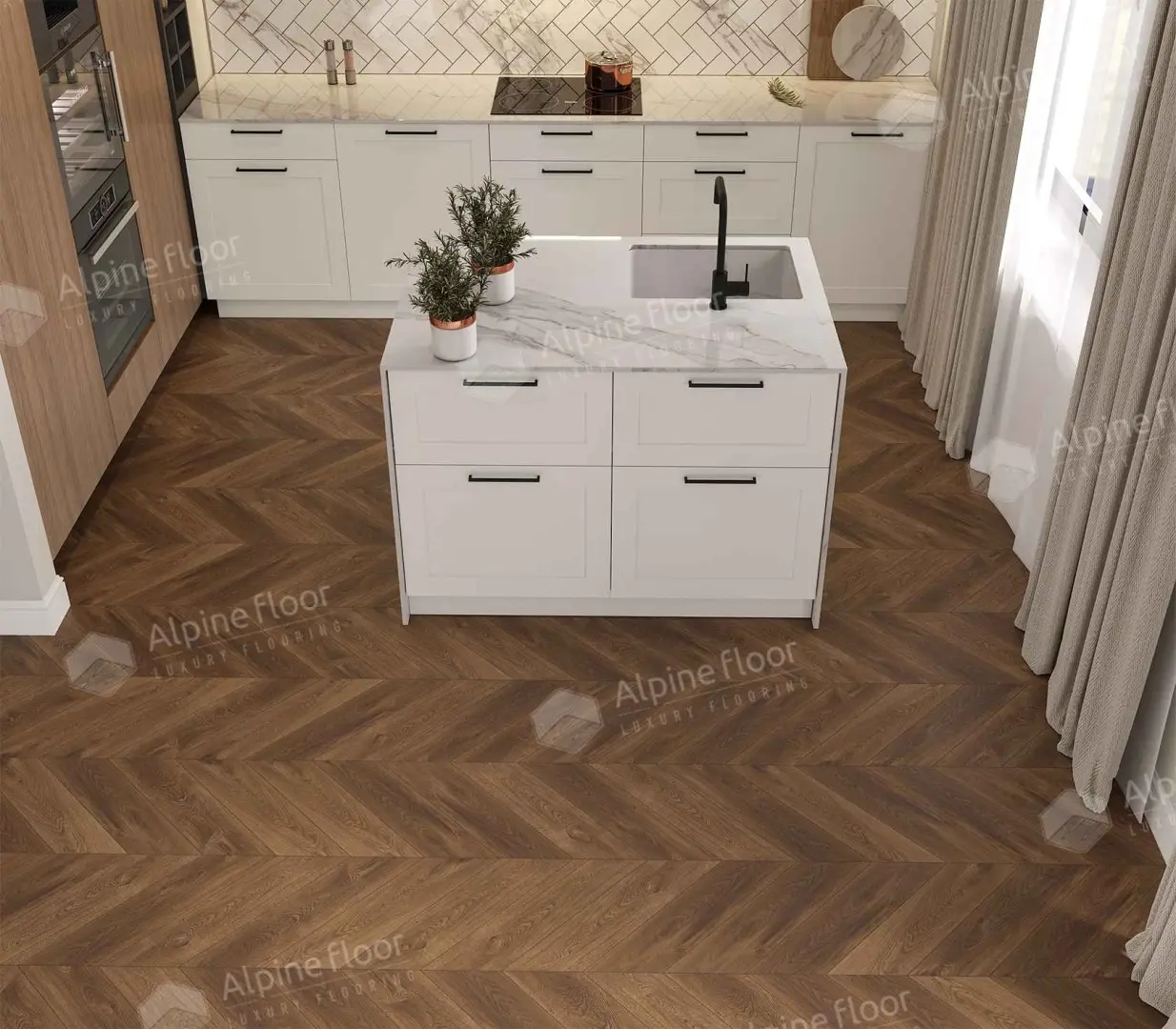 Кварцвиниловый SPC ламинат Alpine Floor Chevron Alpine Дуб Коричневый ECO 18-13 французская елка 600×127×5 фото в интерьере