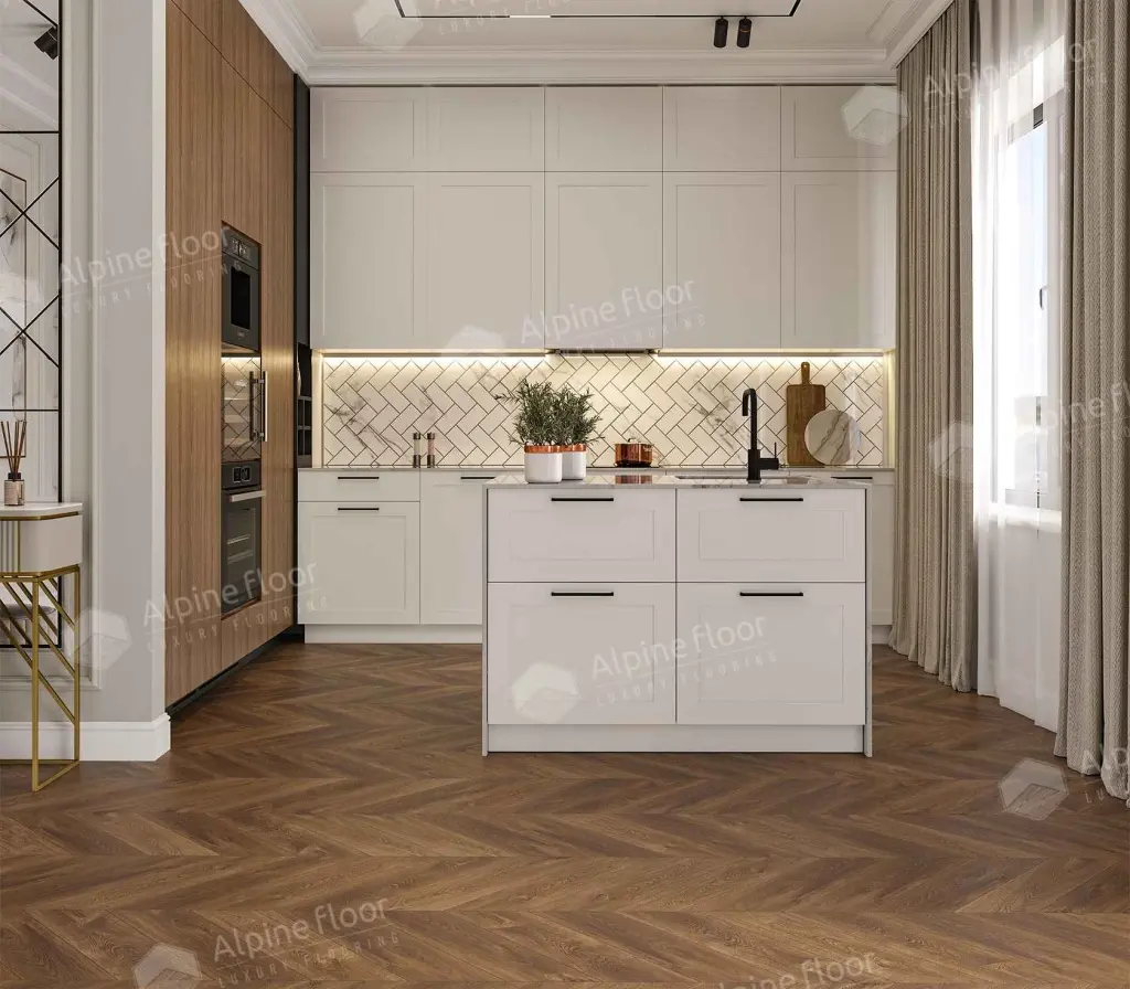 Кварцвиниловый SPC ламинат Alpine Floor Chevron Alpine Дуб Коричневый ECO 18-13 французская елка 600×127×5 фото в интерьере