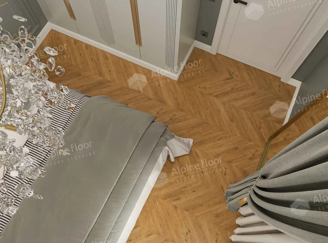 Кварцвиниловый SPC ламинат Alpine Floor Chevron Alpine Tesoro ECO 18-16 французская елка 600×127×5 фото в интерьере