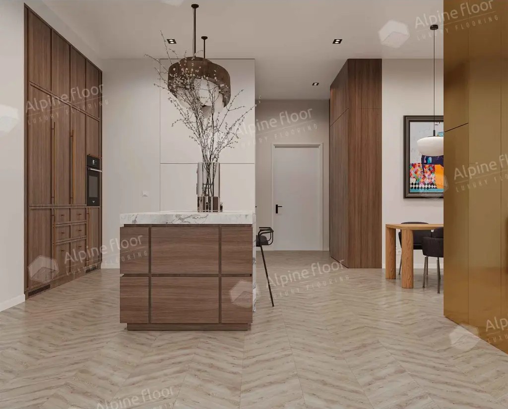 Кварцвиниловый SPC ламинат Alpine Floor Chevron Alpine Гикори ECO 18-21 французская елка 600×127×5 фото в интерьере