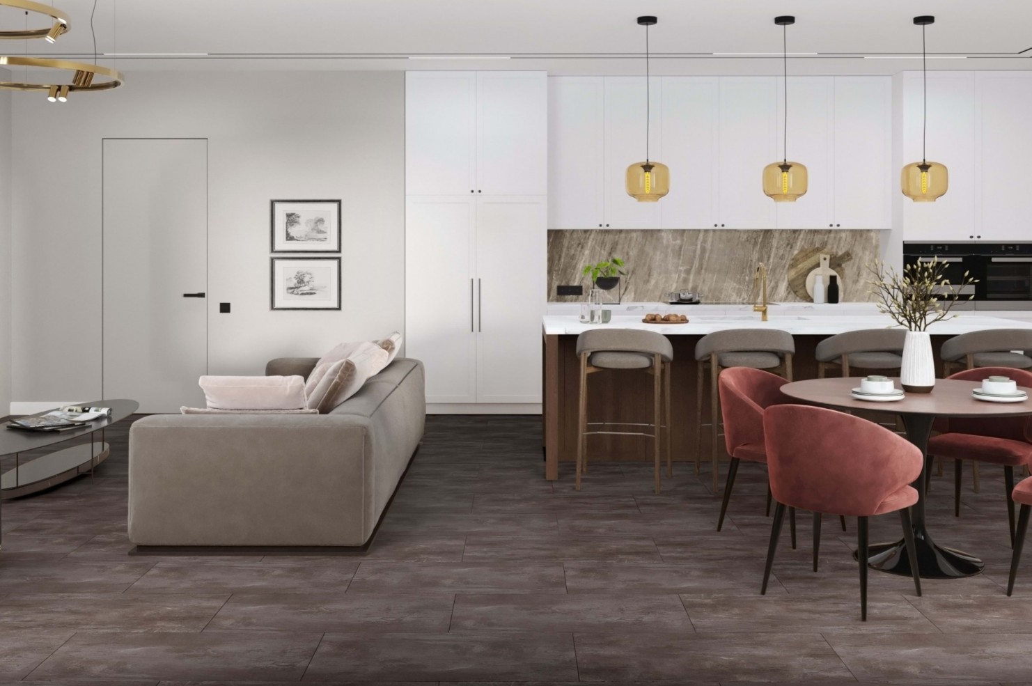 Кварцвиниловая плитка Damy Floor клеевая Ascent LVT Вайсхорн K3053-3-LVT 912,4×455,2×2,5 фото в интерьере