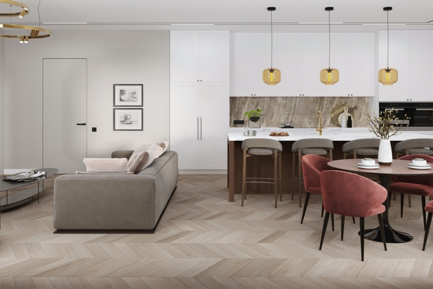 Кварцвиниловая плитка Damy Floor клеевая Chevron LVT Пале-Рояль DF02-Ch-LVT французская елка 600×127×2,5 фото в интерьере