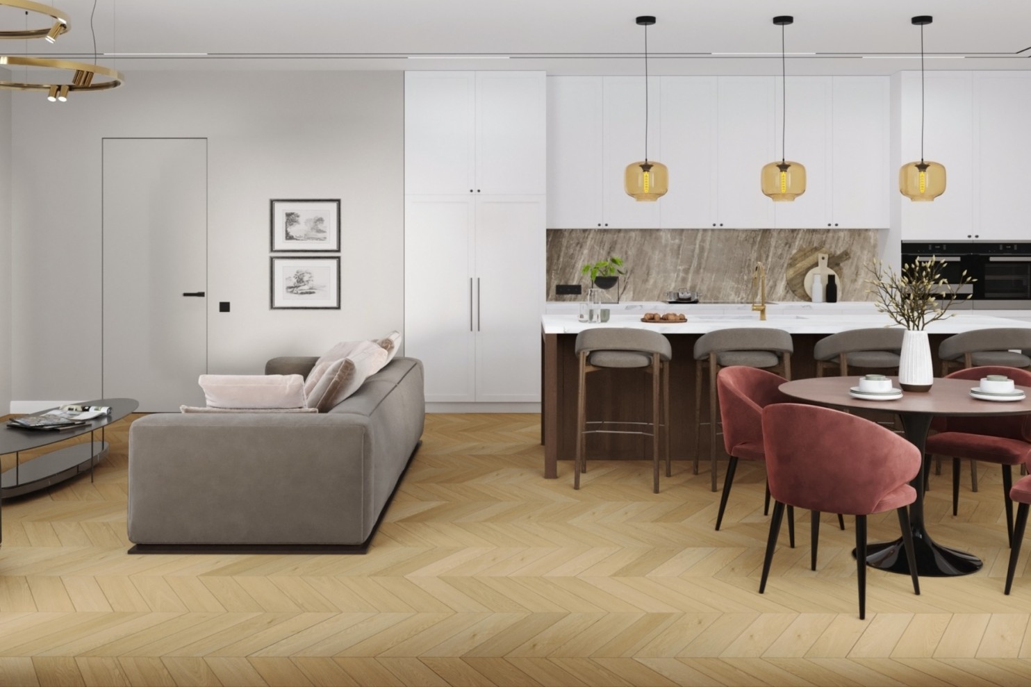 Кварцвиниловая плитка Damy Floor клеевая Chevron LVT Тюильри DF03-Ch-LVT французская елка 600×127×2,5 фото в интерьере
