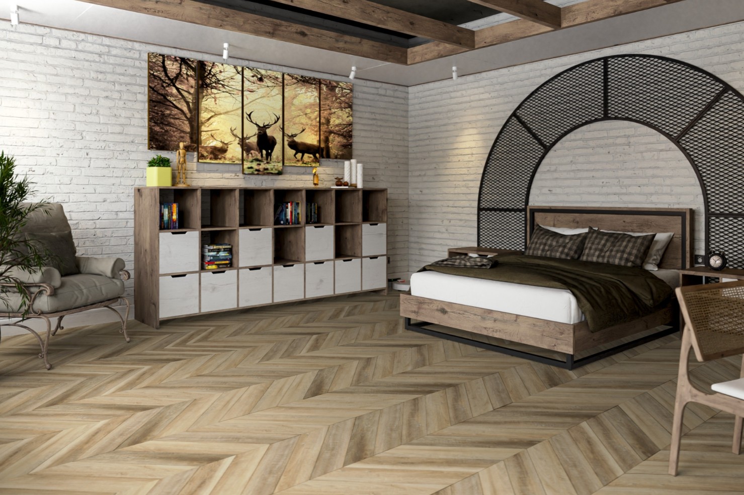Кварцвиниловая плитка Damy Floor клеевая Chevron LVT Амбуаз DF06-Ch-LVT французская елка 600×127×2,5 фото в интерьере