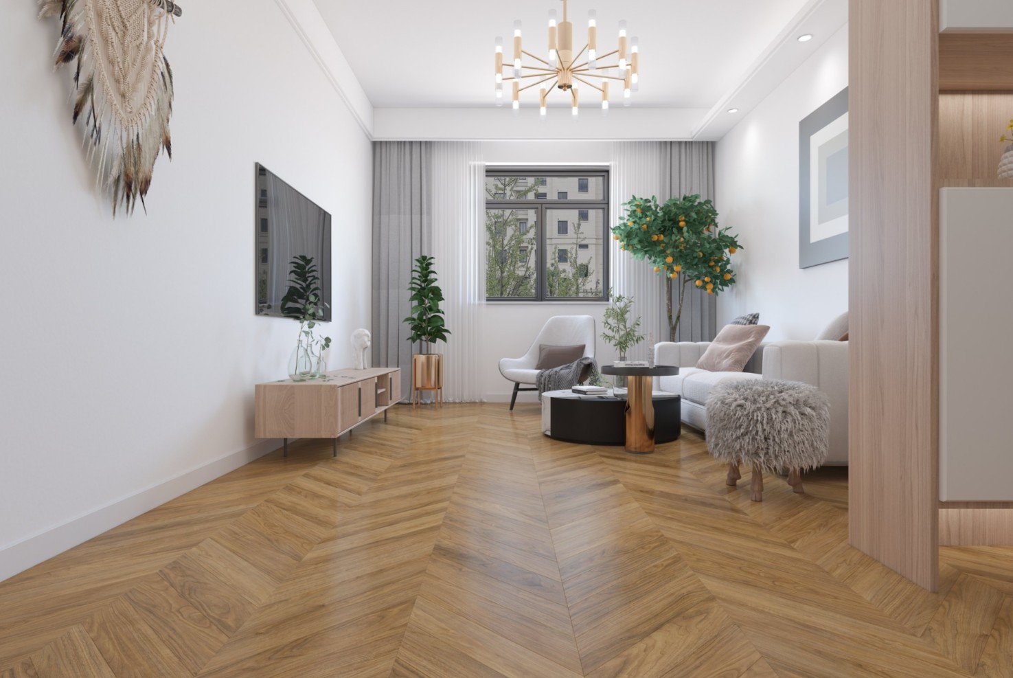 Кварцвиниловая плитка Damy Floor клеевая Chevron LVT Монсоро DF09-Ch-LVT французская елка 600×127×2,5 фото в интерьере