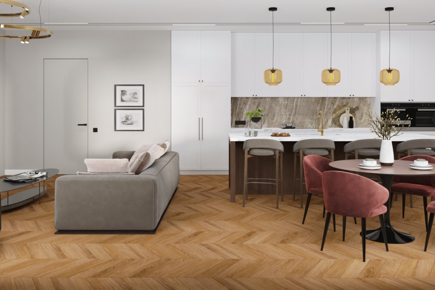Кварцвиниловая плитка Damy Floor клеевая Chevron LVT Монсоро DF09-Ch-LVT французская елка 600×127×2,5 фото в интерьере