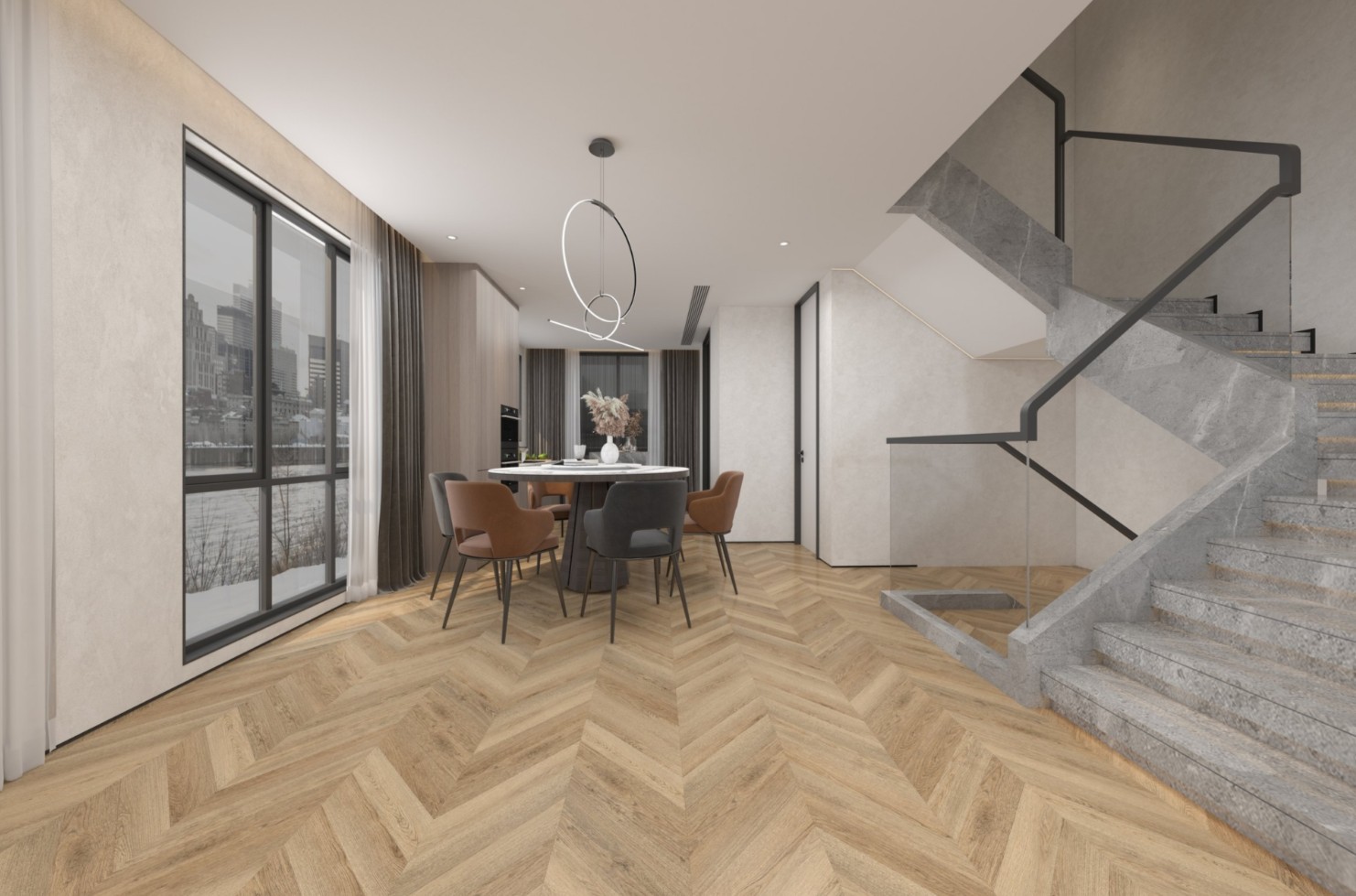 Кварцвиниловая плитка Damy Floor клеевая Chevron LVT Сен-Клу DF10-Ch-LVT французская елка 600×127×2,5 фото в интерьере