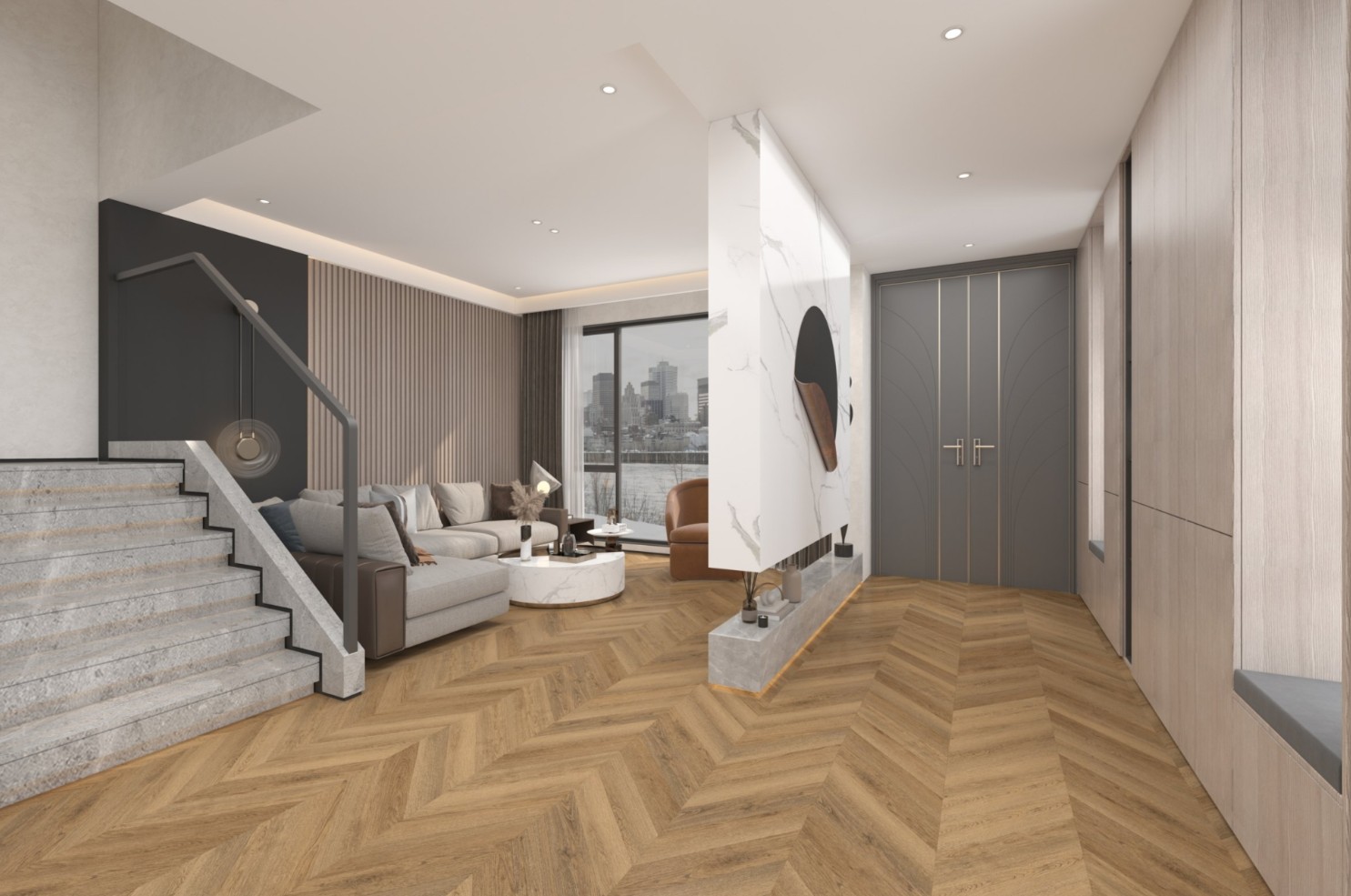 Кварцвиниловая плитка Damy Floor клеевая Chevron LVT Сен-Клу DF10-Ch-LVT французская елка 600×127×2,5 фото в интерьере