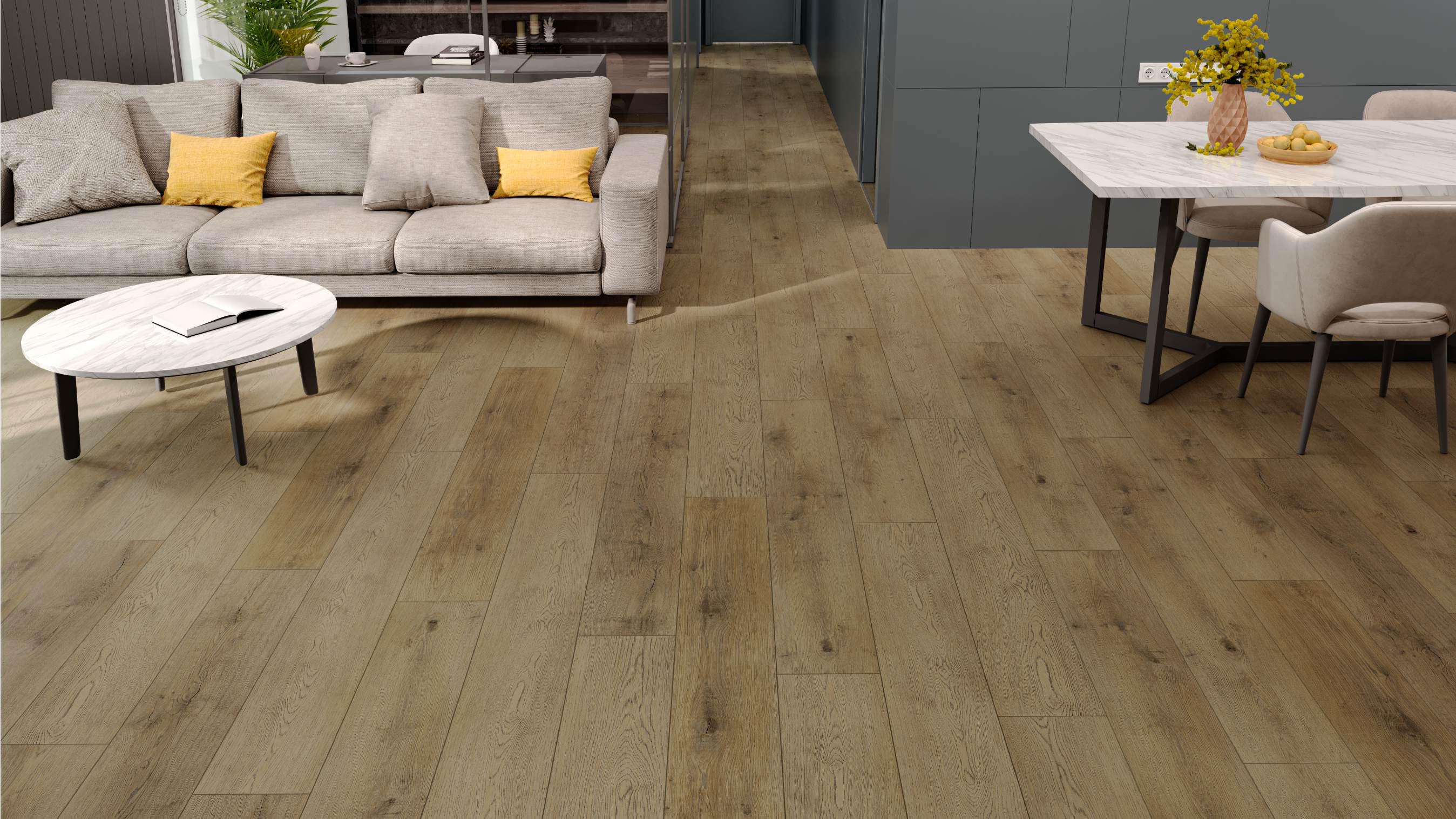 Кварцвиниловый SPC ламинат Alpine Floor Premium 12 Дуб Альто ECO 24-1 1524×228×12 фото в интерьере