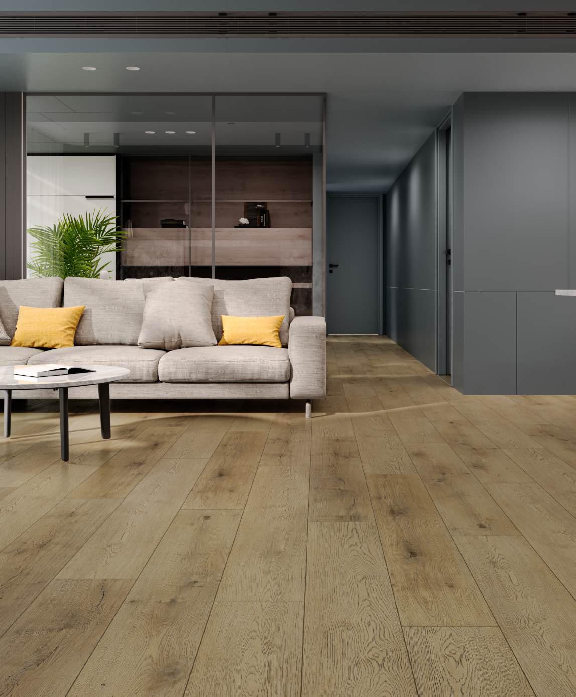 Кварцвиниловый SPC ламинат Alpine Floor Premium 12 Дуб Альто ECO 24-1 1524×228×12 фото в интерьере