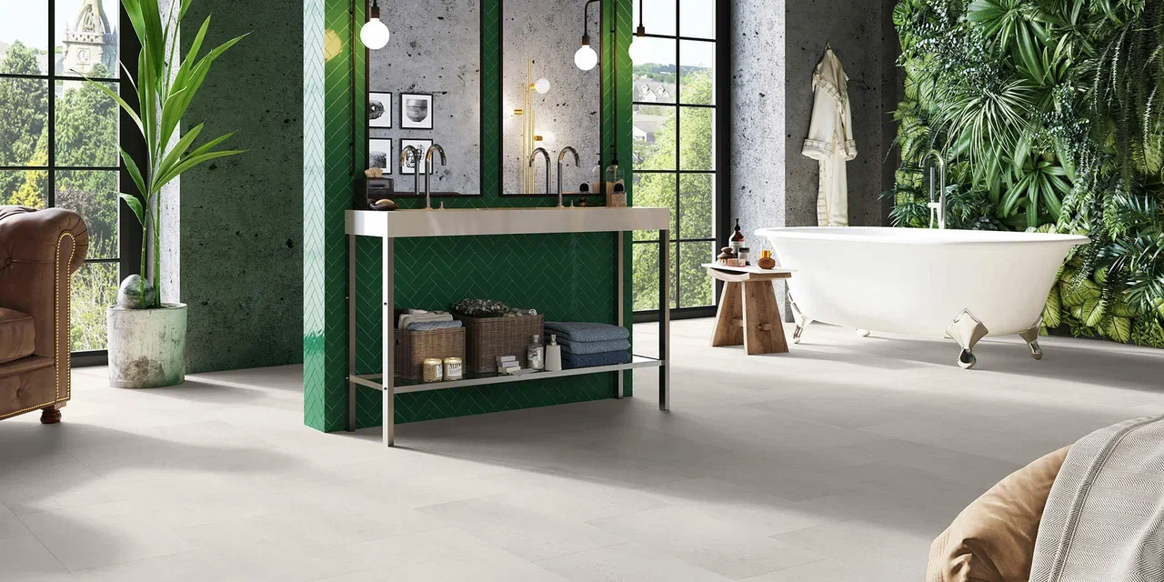 Кварцвиниловая плитка Invictus клеевая Maximus Tile Groovy Granite Alabaster 610×305×2,5 фото в интерьере
