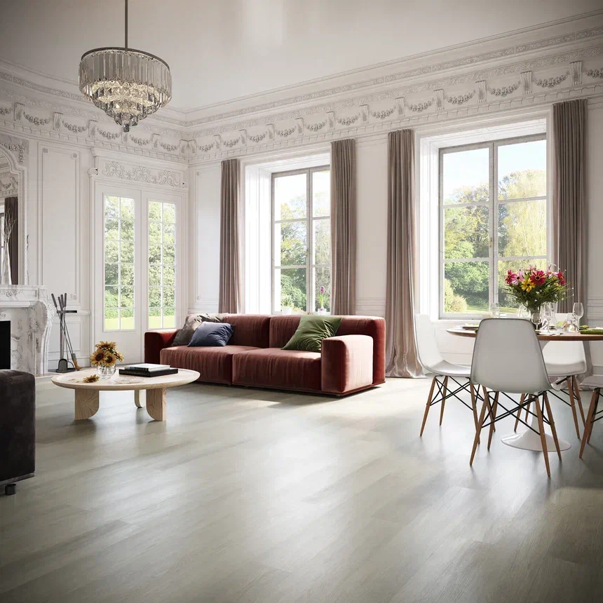 Кварцвиниловый SPC ламинат Invictus Maximus Plank New England Oak Misty 1213×178×6 фото в интерьере