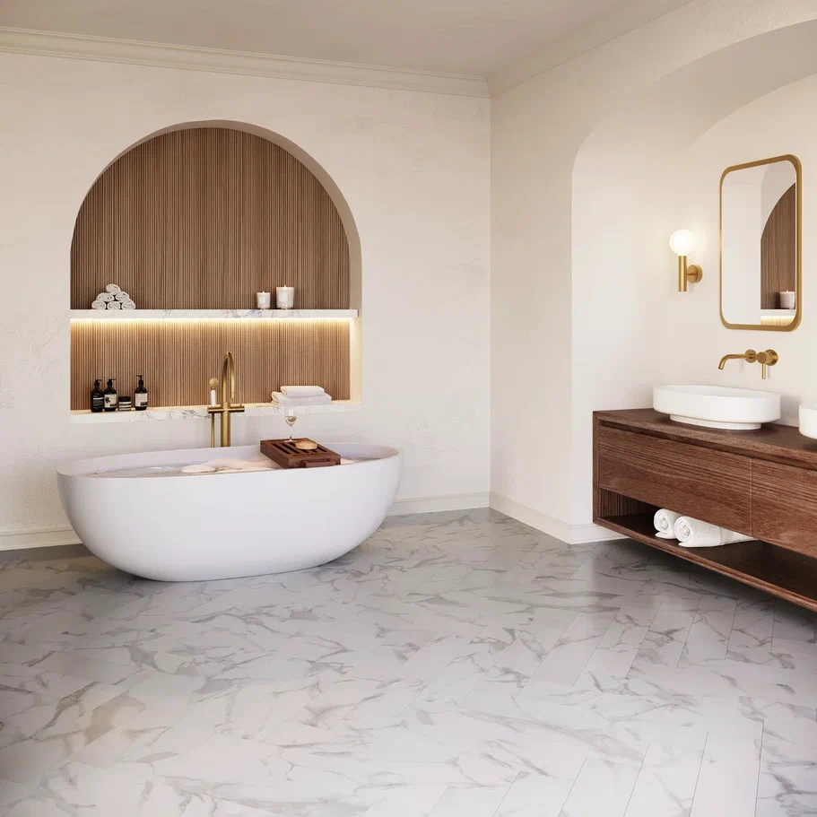 Кварцвиниловый SPC ламинат Invictus Maximus Herringbone Pure Marble Snowflake венгерская елка 743×145×5 фото в интерьере