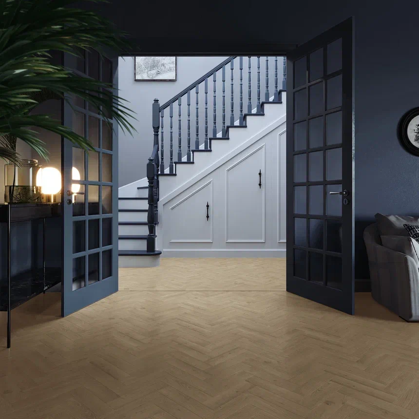 Кварцвиниловая плитка Invictus клеевая Maximus Parquet Highland Oak Classic венгерская елка 406×102×2,5 фото в интерьере