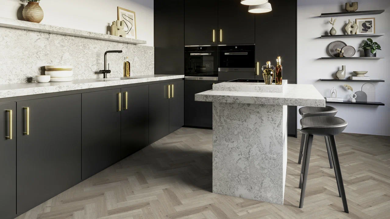 Кварцвиниловая плитка Invictus клеевая Maximus Parquet Highland Oak Canyon венгерская елка 406×102×2,5 фото в интерьере