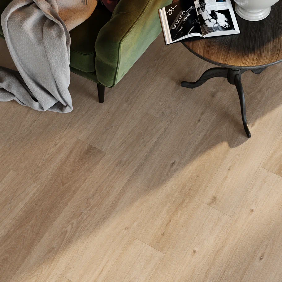 Кварцвиниловый SPC ламинат Invictus Primus Plank Sherwood Oak Mink 1210×177×5 фото в интерьере