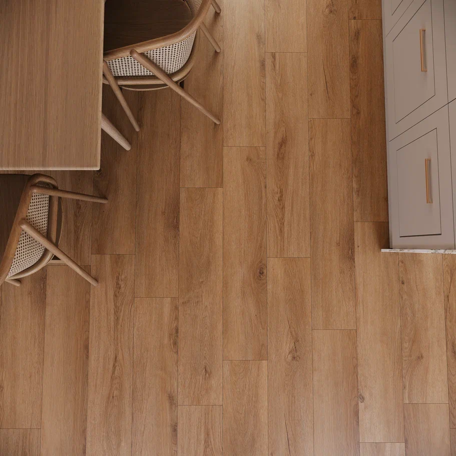 Кварцвиниловый SPC ламинат Invictus Primus Plank Riviera Oak Caramel 1210×177×5 фото в интерьере