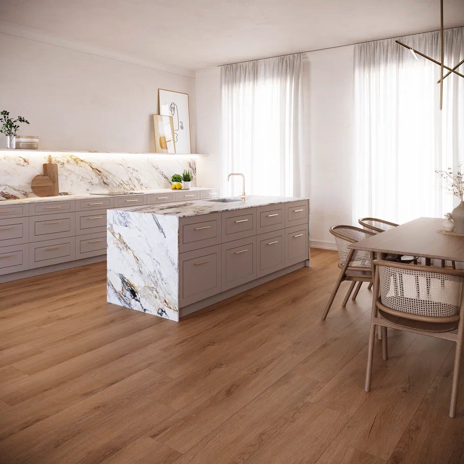 Кварцвиниловый SPC ламинат Invictus Primus Plank Riviera Oak Caramel 1210×177×5 фото в интерьере