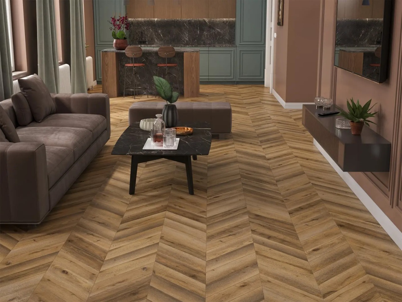Ламинат Alpine Floor Chevron Art Дуб Килиманджаро LF109-04 французская елка 550×112×12 фото в интерьере