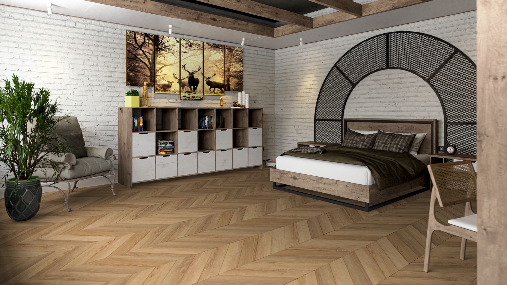 Кварцвиниловая плитка Damy Floor клеевая Chevron LVT Лувр DF04-Ch-LVT французская елка 600×127×2,5 фото в интерьере