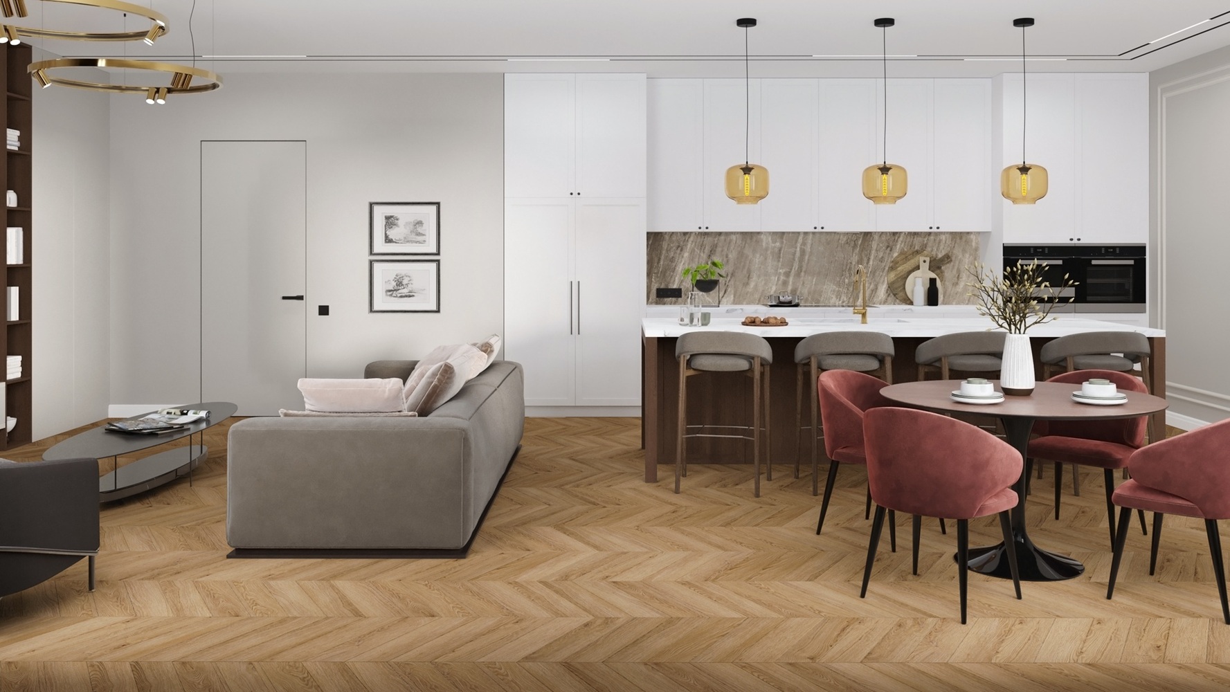 Кварцвиниловая плитка Damy Floor клеевая Chevron LVT Лувр DF04-Ch-LVT французская елка 600×127×2,5 фото в интерьере