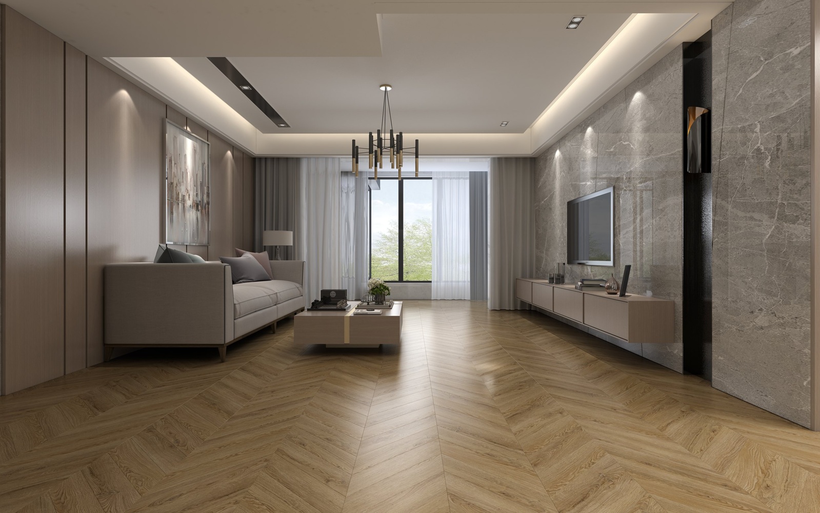 Кварцвиниловая плитка Damy Floor клеевая Chevron LVT Лувр DF04-Ch-LVT французская елка 600×127×2,5 фото в интерьере