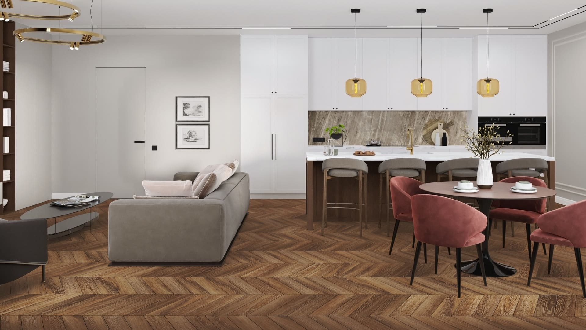 Кварцвиниловая плитка Damy Floor клеевая Chevron LVT Шайо DF07-Ch-LVT французская елка 600×127×2,5 фото в интерьере