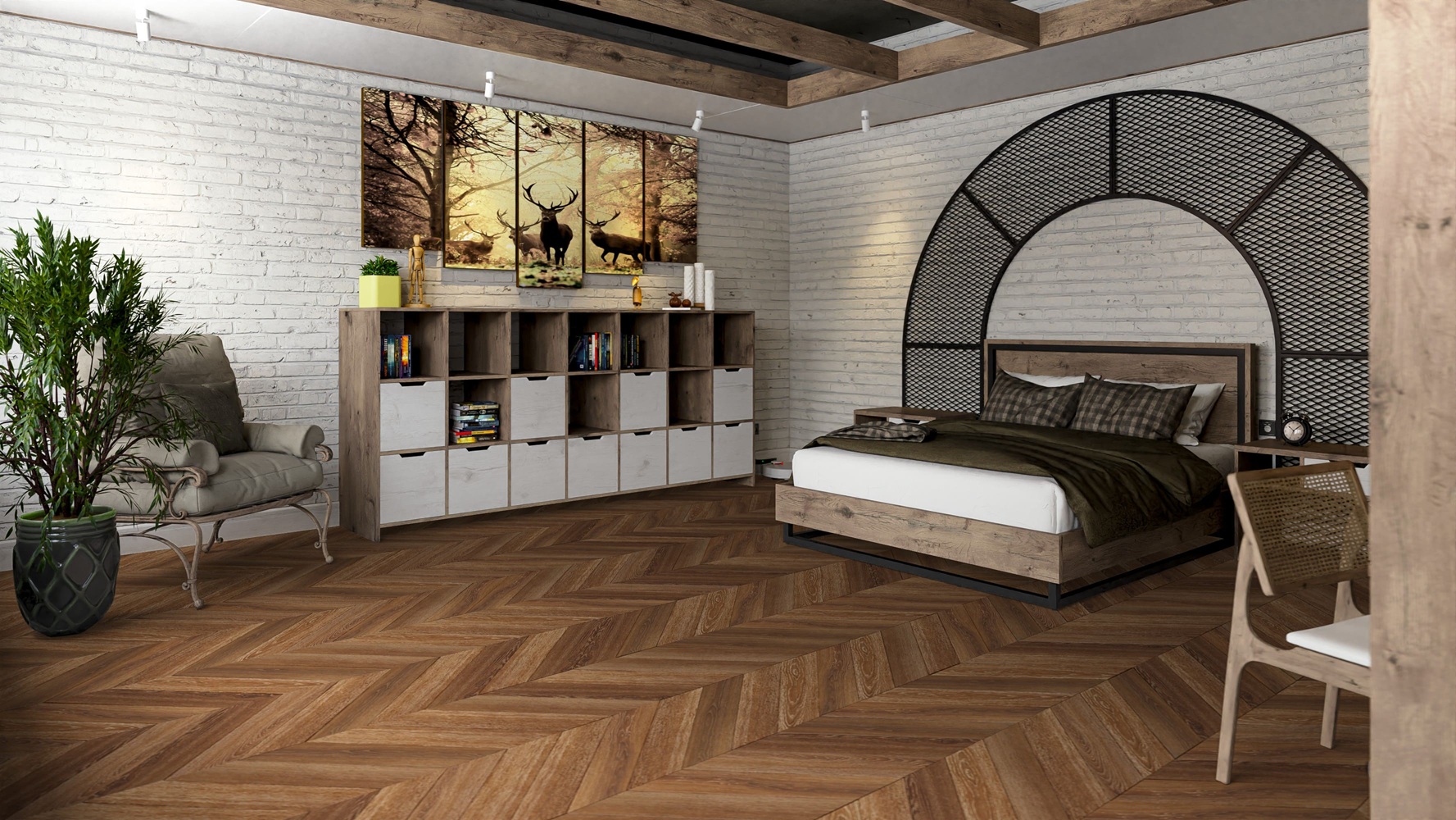 Кварцвиниловая плитка Damy Floor клеевая Chevron LVT Шайо DF07-Ch-LVT французская елка 600×127×2,5 фото в интерьере
