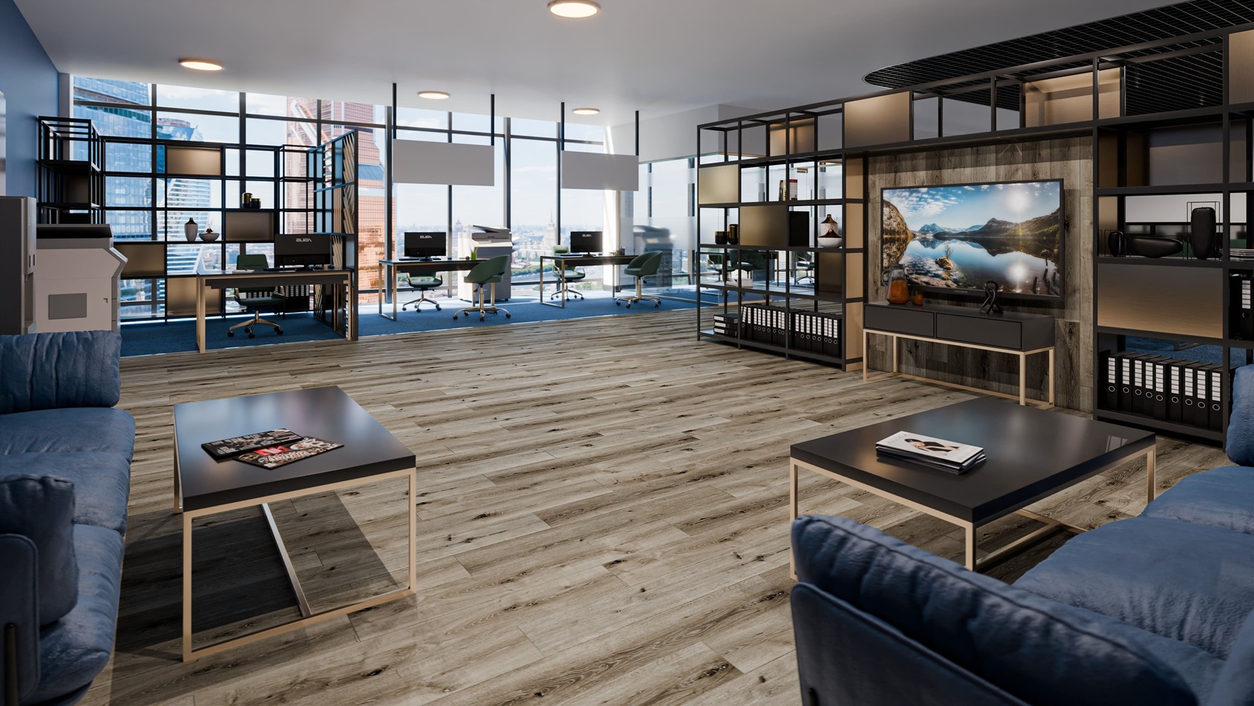 Кварцвиниловая плитка Damy Floor клеевая Family LVT Дуб Лофт 1508-1-LVT 1227×187×2,5 фото в интерьере