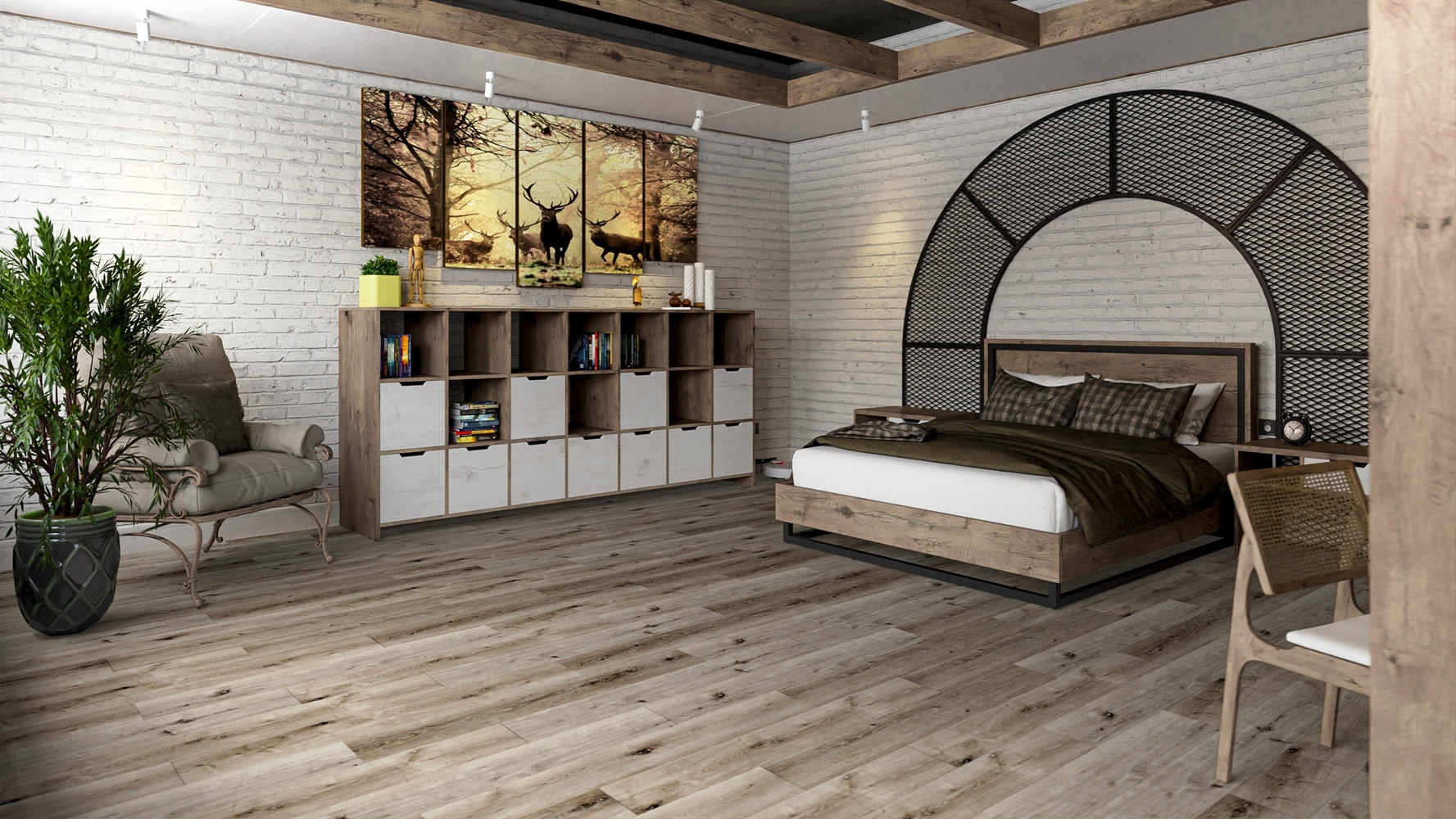 Кварцвиниловая плитка Damy Floor клеевая Family LVT Дуб Лофт 1508-1-LVT 1227×187×2,5 фото в интерьере