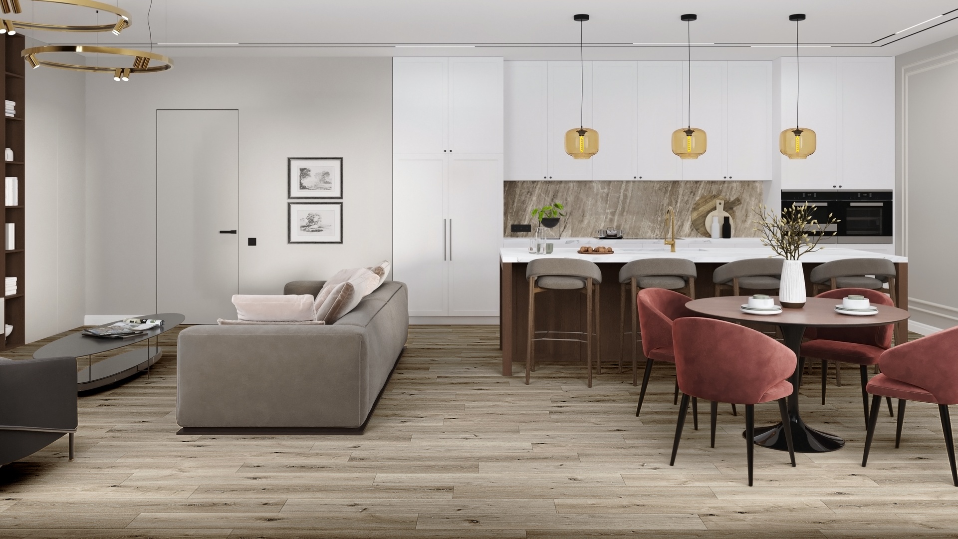 Кварцвиниловая плитка Damy Floor клеевая Family LVT Дуб Лофт 1508-1-LVT 1227×187×2,5 фото в интерьере