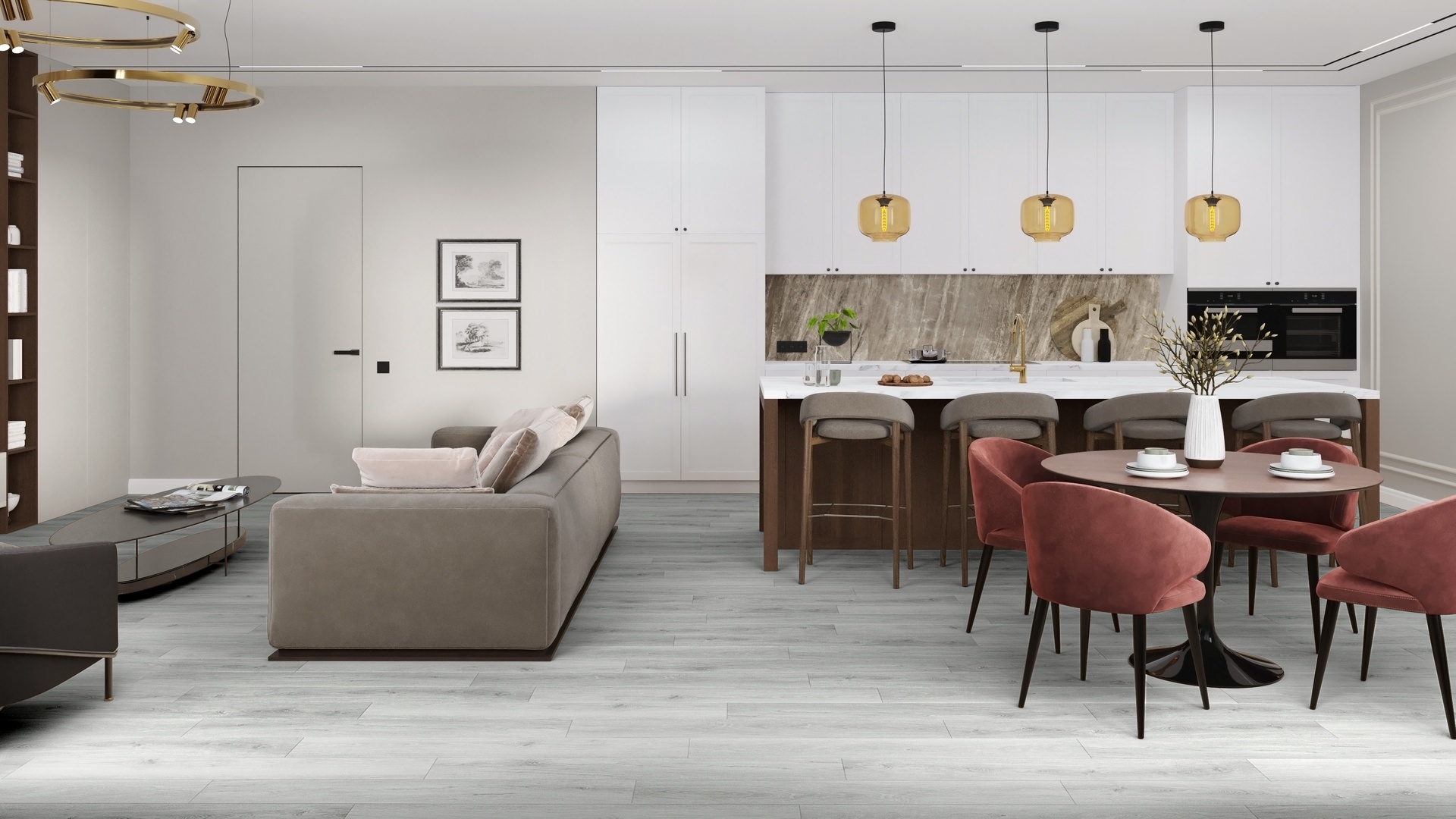 Кварцвиниловая плитка Damy Floor клеевая Family LVT Дуб Альпийский 1536-2-LVT 1227×187×2,5 фото в интерьере
