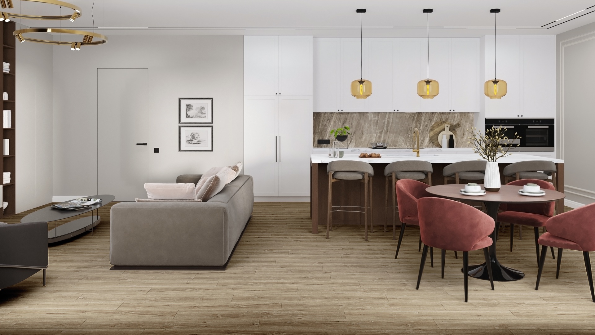 Кварцвиниловая плитка Damy Floor клеевая Family LVT Дуб Имбирный 248-8-LVT 1227×187×2,5 фото в интерьере