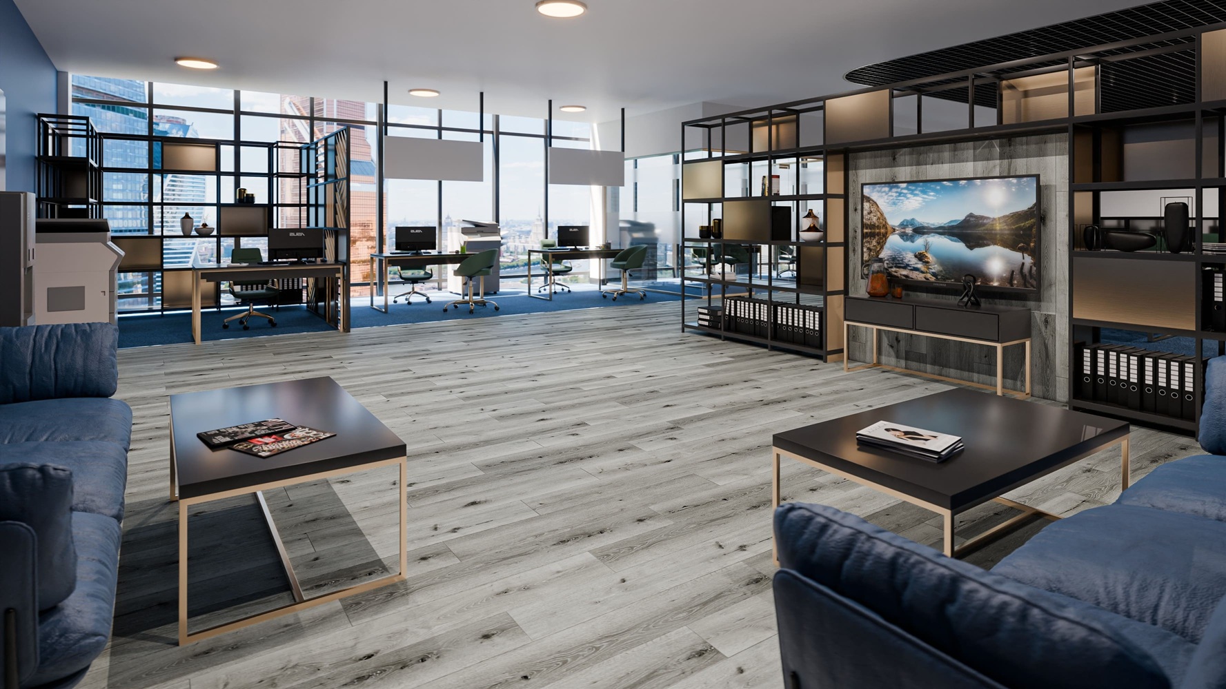 Кварцвиниловая плитка Damy Floor клеевая Family LVT Дуб Классический Серый T7020-2-LVT 1227×187×2,5 фото в интерьере