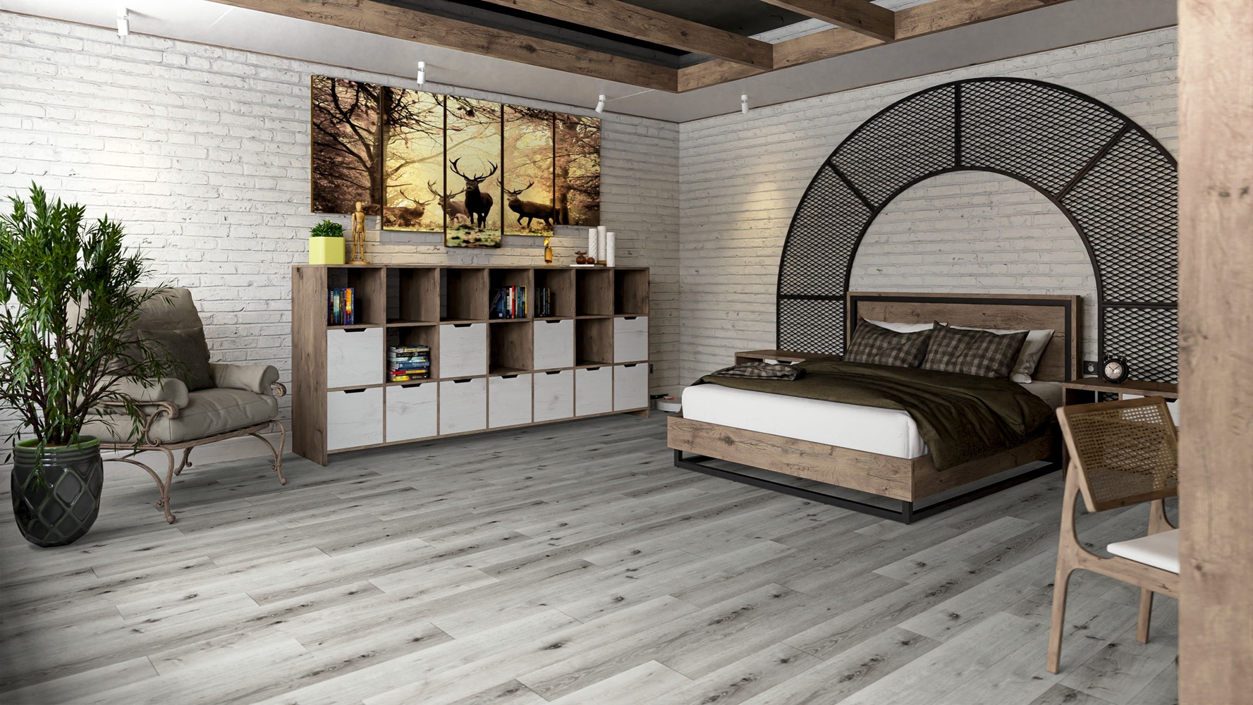 Кварцвиниловая плитка Damy Floor клеевая Family LVT Дуб Классический Серый T7020-2-LVT 1227×187×2,5 фото в интерьере