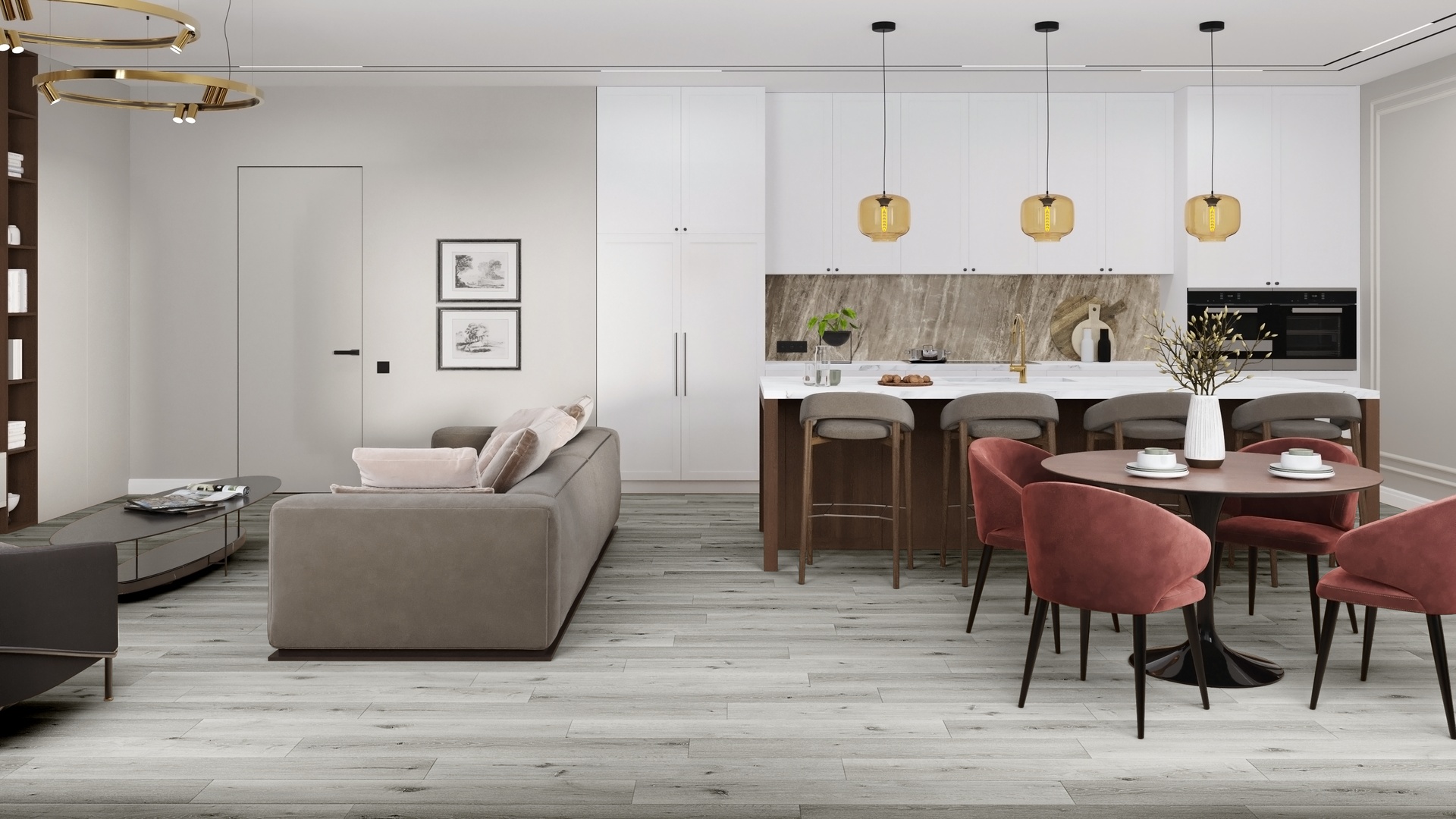 Кварцвиниловая плитка Damy Floor клеевая Family LVT Дуб Классический Серый T7020-2-LVT 1227×187×2,5 фото в интерьере