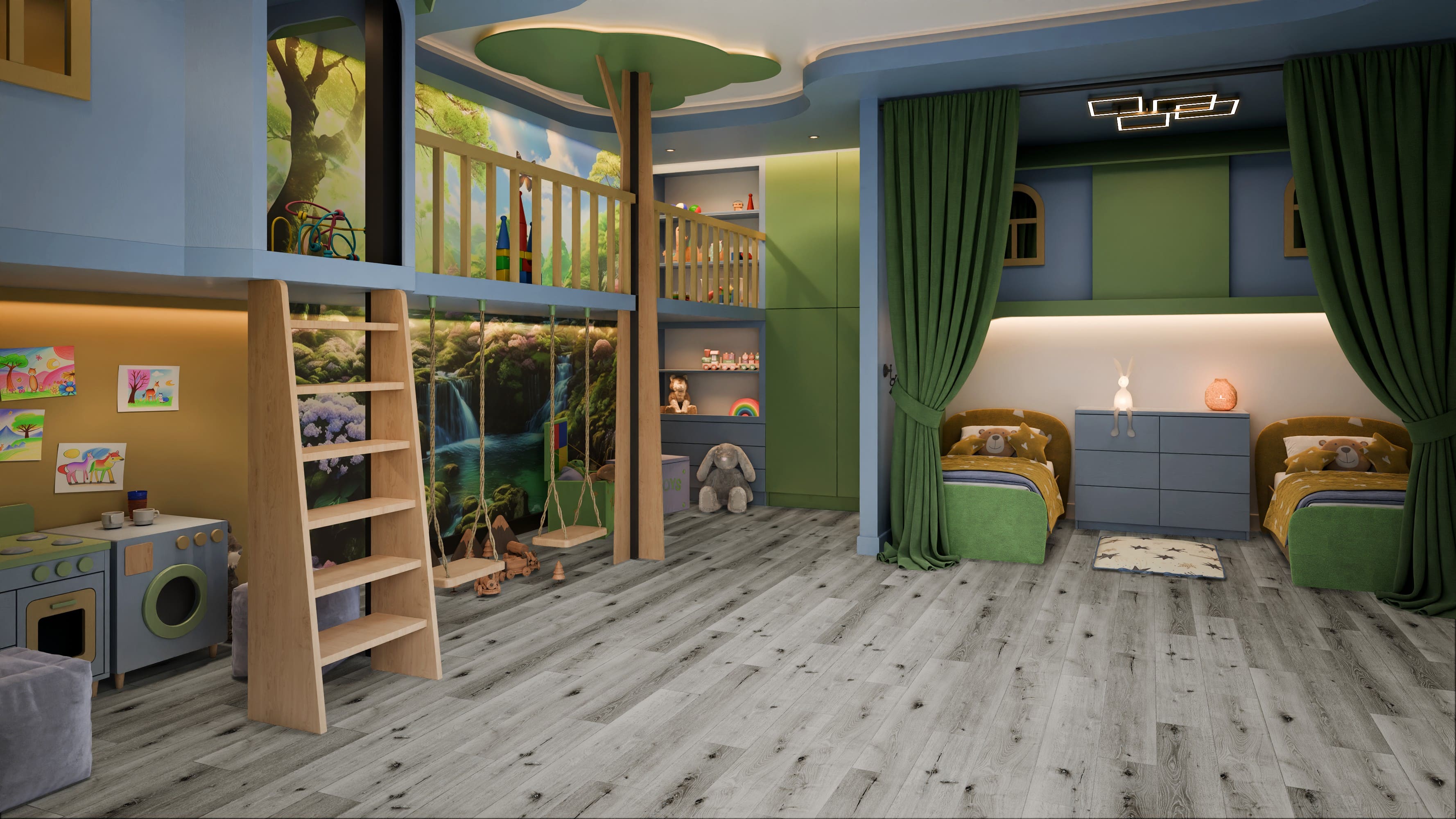 Кварцвиниловая плитка Damy Floor клеевая Family LVT Дуб Классический Серый T7020-2-LVT 1227×187×2,5 фото в интерьере