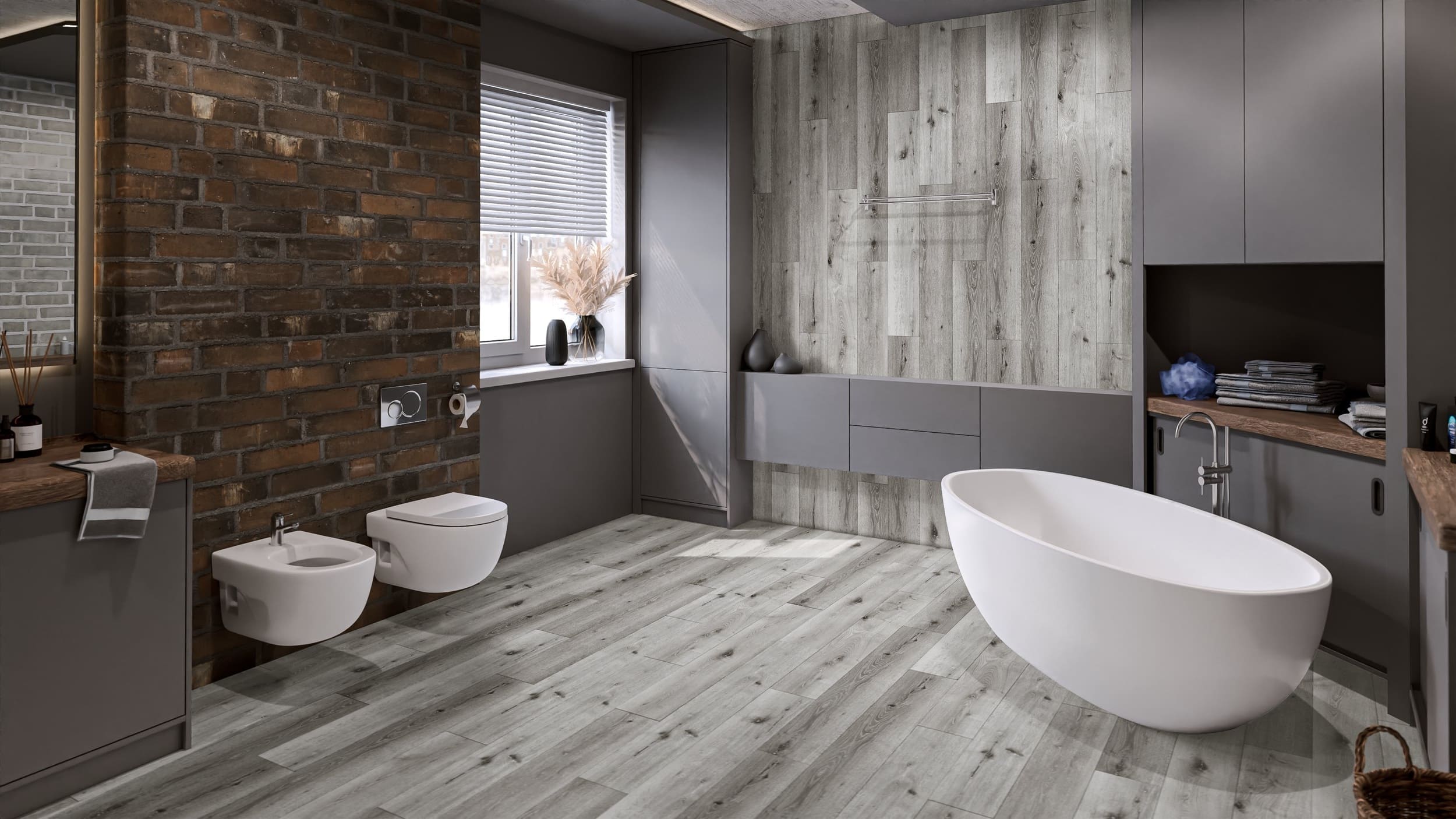 Кварцвиниловая плитка Damy Floor клеевая Family LVT Дуб Классический Серый T7020-2-LVT 1227×187×2,5 фото в интерьере