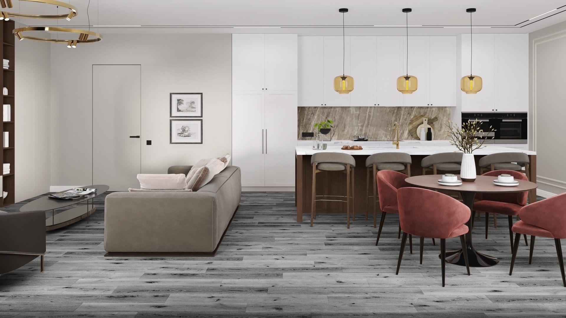 Кварцвиниловая плитка Damy Floor клеевая Family LVT Дуб Сильвер T7020-23-LVT 1227×187×2,5 фото в интерьере