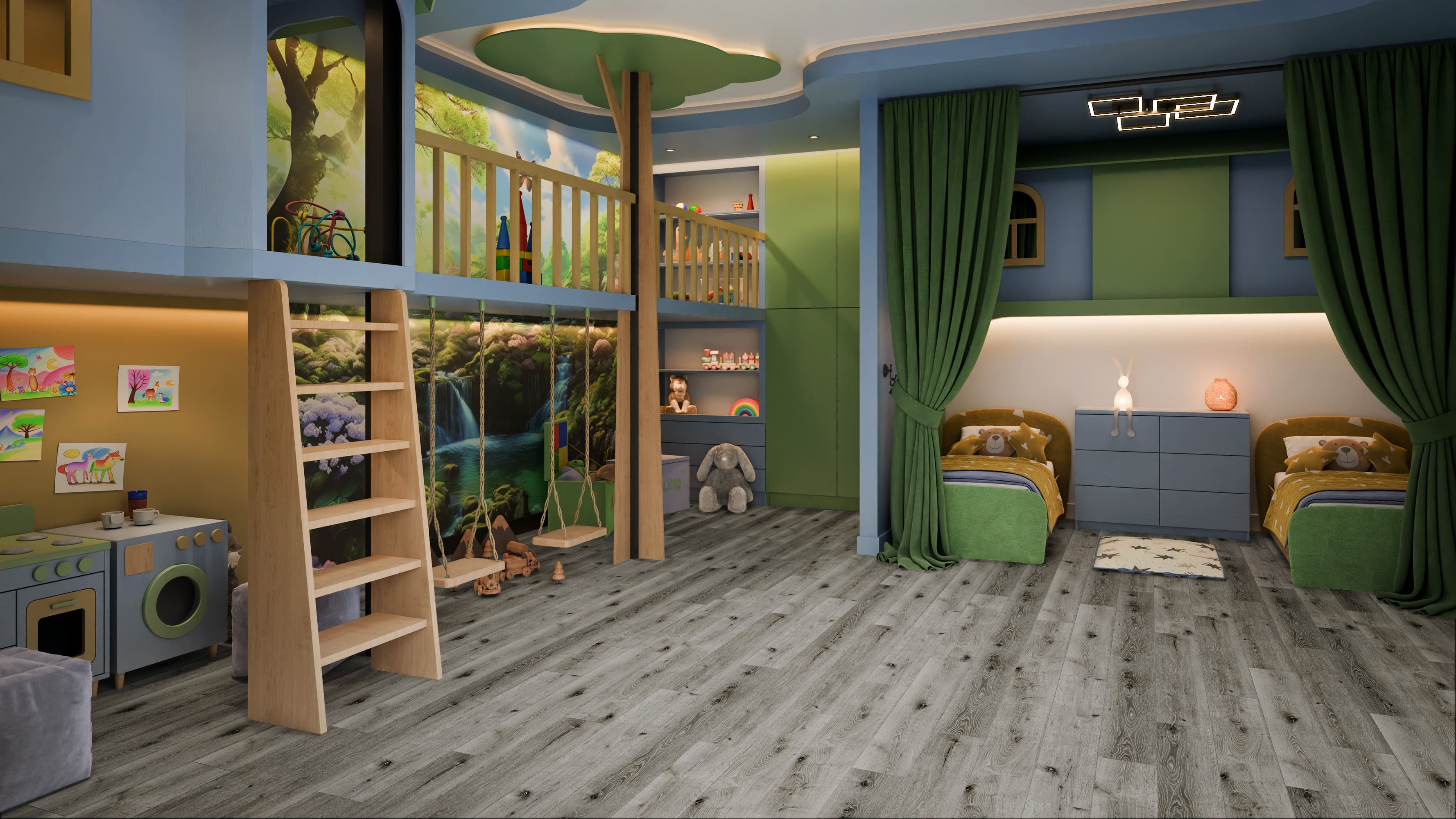 Кварцвиниловая плитка Damy Floor клеевая Family LVT Дуб Состаренный Серый T7020-5D-LVT 1227×187×2,5 фото в интерьере